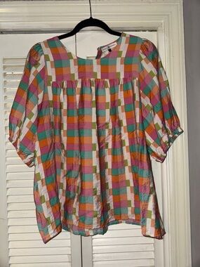 Checked Puff-Sleeve Blouse in Pink, Orange & Teal - Women